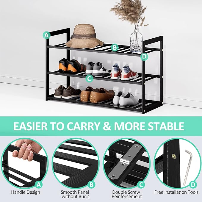 Jripae Bamboo Shoe Rack for Entryway, 27.5inch Stackable 3 Tier Shoe Organizer Shelf Storage 9-12 Pairs Shoes Stand Cubby for Closet Door Hallway Bedroom Garage Black, Thanksgiving