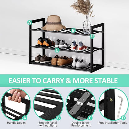 Jripae Bamboo Shoe Rack for Closet, 3 Tier 32.5inch Longer Shoe Organizer Shelf Holder Storage 12-15 Pairs Stackable for Entryway Door Hallway Bedroom Garage Space Saving Foldable Black