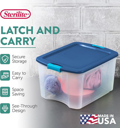 Sterilite 18 Gal Latch and Carry, Stackable Storage Bin with Latching Lid, Plastic Container to Organize Closets, Clear with Blue, 6-Pack
