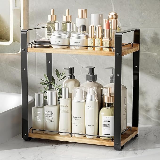 Delamu 2-Tier Bathroom Counter Organizer, Wood Vanity Organizer Countertop for Skincare & Makeup, Multi-Purpose Vanity Bathroom Shelf for Coffee Station Kitchen Storage and Organization