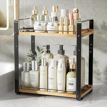 Delamu 2-Tier Bathroom Counter Organizer, Wood Vanity Organizer Countertop for Skincare & Makeup, Multi-Purpose Vanity Bathroom Shelf for Coffee Station Kitchen Storage and Organization