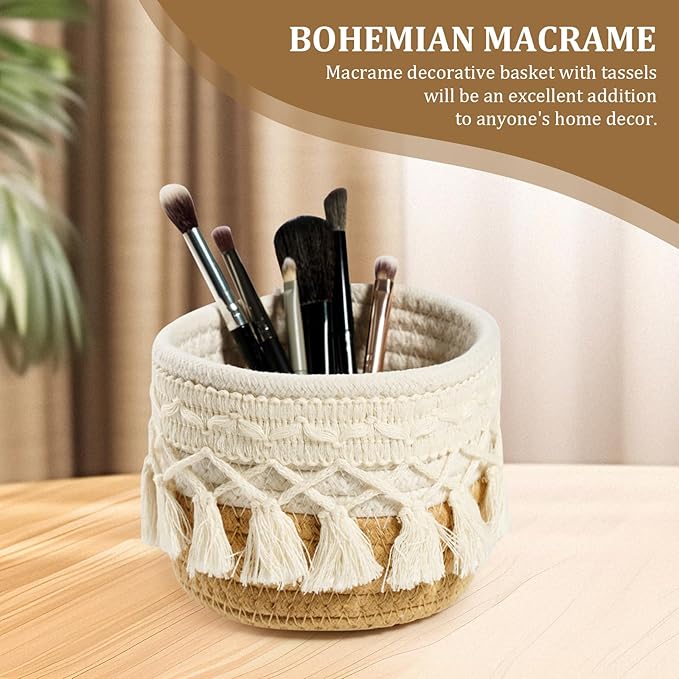 HEAVYWOOD Macrame Makeup Brush Holder Organizer 3.9''x3.9'' Mini Makeup Containers Boho Small Round Storage Basket Tassels Fringe Decorative Pencil Holder Set of 2 (3.9''x3.9'',Khaki)