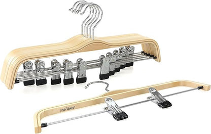 TOPIA HANGER Wooden Pants Hangers,Slim Natural Wood Skirt Hangers with Anti-Rust Hook and Adjustable Metal Clips, Perfect for Skirts, Pants, Slacks-10 Pack-CT17N