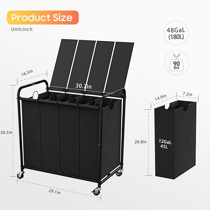 Laundry Sorter 4 Sections 48 Gal, Rolling Laundry Basket with Lockable Wheels and Lid, Laundry Hamper with 4 Separated Removable Bags Dirty Clothes Hamper for Laundry Room Organizer, Black