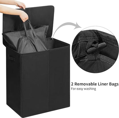 WOWLIVE 154L Double Laundry Hamper with Lid and Removable Laundry Bags, Large Dirty Clothes Hamper 2 section Collapsible Laundry Basket Dorm Room Storage for Bedroom, Bathroom, College, Black
