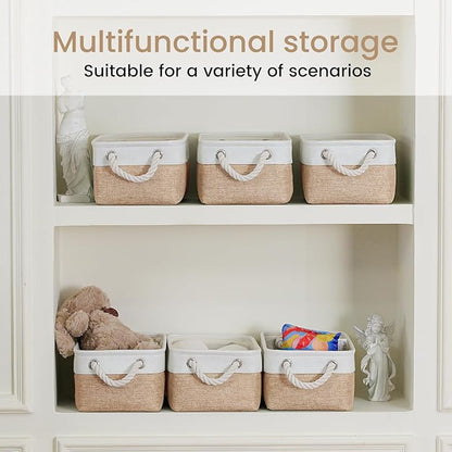 Storage Baskets for Shelves 11.8x7.9x5.2 Inch, Foldable Fabric Storage Bins with Handles, Small Storage Baskets for Organizing Closet, Office, Home Organization (3-Pack, White&Khaki)