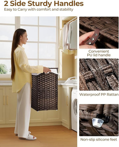 Greenstell Laundry Hamper with Lid, 125L Laundry Basket with 2 Removable Liner Bags & 2 Mesh Bags, Handwoven Synthetic Rattan Clothes Hamper for Clothes, Toys in Bathroom, Bedroom, Foldable, Brown