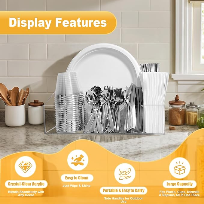 Acrylic Paper Plate Organizer and Dispenser – Extra Capacity Plate and Utensil Caddy for Plates, Cups, Napkins and Cutlery, Ideal for Kitchen, Parties, Picnics, Weddings, and Outdoor Events