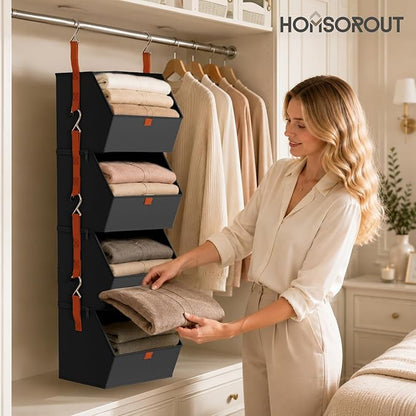 Homsorout Hanging Closet Organizer 4 Tier - Clothes Hanging Shelves, Space-Saving Closet System, Fabric Storage Bins Bedroom Organization, Collapsible Baskets for Home, Dorm, Rv, Black