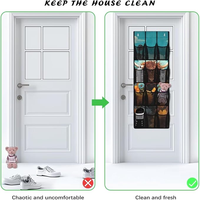 Highland Cattle Shoe Organizer Over The Door 12 Pockets Wall Hanging Storage for Closet Space Saving Over The Door Shoe Organizer Sunflowers Shoe Holder Hanger for Living Room