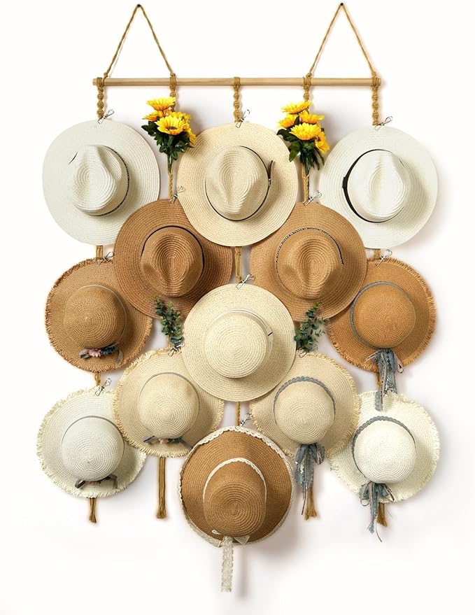 Macrame Hat Organizer Rack for Wall 15 Clips 31x66in Large Fedora Hat Hangers Display for Wide Brimmed Hat Holder Storage Boho Decor for Fedora Sun Straw Panama Closet Bedroom Brown
