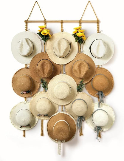 Macrame Hat Organizer Rack for Wall 15 Clips 31x66in Large Fedora Hat Hangers Display for Wide Brimmed Hat Holder Storage Boho Decor for Fedora Sun Straw Panama Closet Bedroom Brown