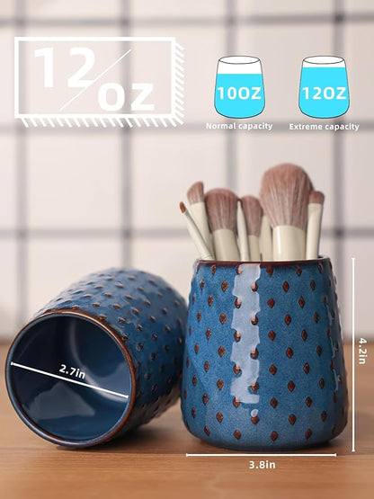 Ceramic Makeup Brush Holders, Farmhouse Bathroom Vanity and Countertop, Brushes Cup for Bathroom Cosmetics, Lipsticks, Vanity Desktop Storage (Vintage Blue)