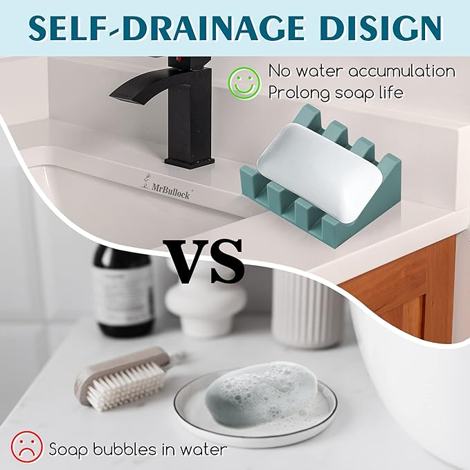 2 Pack Self Draining Silicone Soap Dish with Suction Cups - Non-Slip Bar Soap Holder for Shower & Kitchen, Waterfall Tray Keeps Soap Dry, Easy Clean, Extends Soap Life (Green)