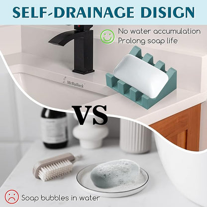 2 Pack Self Draining Silicone Soap Dish with Suction Cups - Non-Slip Bar Soap Holder for Shower & Kitchen, Waterfall Tray Keeps Soap Dry, Easy Clean, Extends Soap Life (Green)