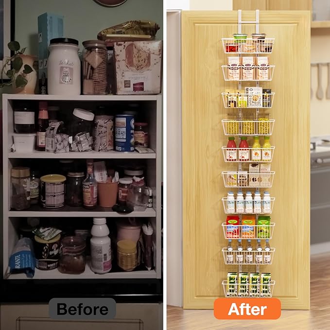 10 Tier Over the Door Pantry Organizer, Over the Door Spice Rack with Adjustable Baskets, Metal Hanging Door Pantry Organizers and Storage for Kitchen Bathroom Bedroom, White