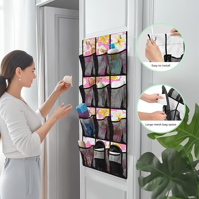 Over the Door Shoe Organizer Tropical Flower Yak 12 Breathable Mesh Pockets Behind the Door Storage Organizer Space Saving Hanging Storage Bag No Drill Door Rack for Shoes