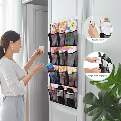 Over the Door Shoe Organizer Tropical Flower Yak 12 Breathable Mesh Pockets Behind the Door Storage Organizer Space Saving Hanging Storage Bag No Drill Door Rack for Shoes