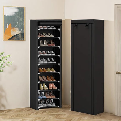 ERONE Shoe Rack with Cover 10 Tier Tall Slim Narrow Shoe Rack Organizer Space-Saving Sturdy Shoe Storage Shelf for Entryway, Closets