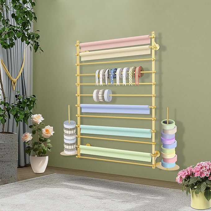 DYRABREST Wall Mounted Ribbon Organizer Rack, Metal Wrapping Paper Organizer Storage, Removable 12-Tier Hijab Organizer, 50lbs Load Capacity for Home, Craft Room, Flower Shop (Gold, 31.5 x 47.2 in)