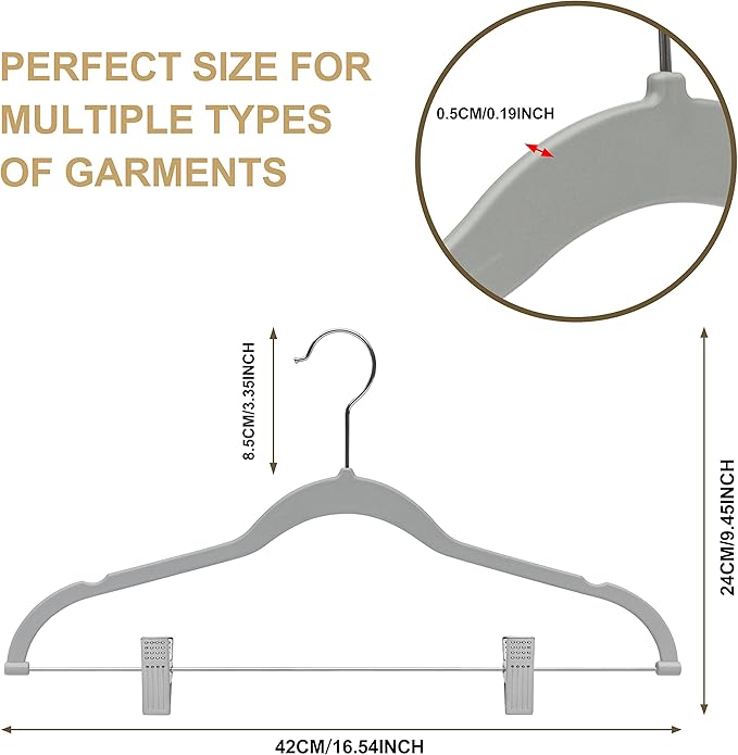 Quality Plastic 20-Pack Non Velvet Non-Flocked Thin Compact Coat Hangers with Metal Clips for Skirts Pants Blouses 360° Swivel Hook (Gray, 20)