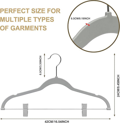 Quality Plastic 20-Pack Non Velvet Non-Flocked Thin Compact Coat Hangers with Metal Clips for Skirts Pants Blouses 360° Swivel Hook (Gray, 20)