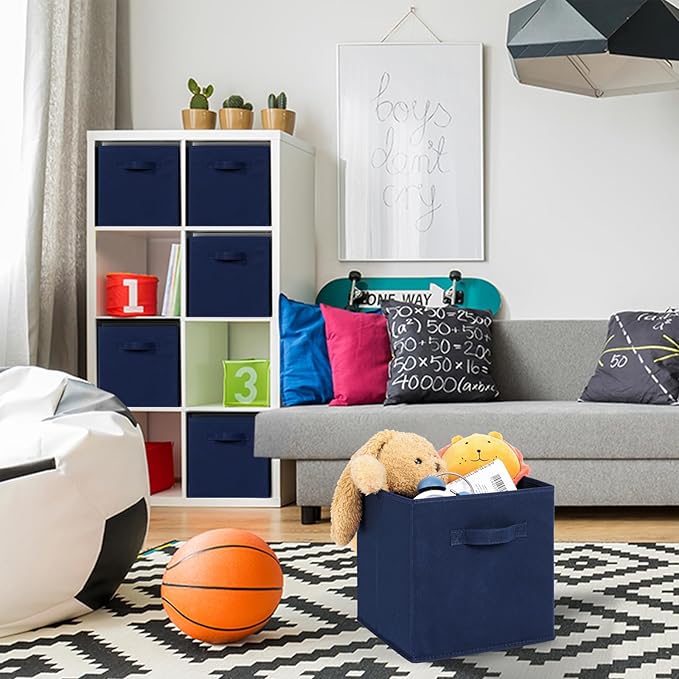 Stero Fabric Storage Bins 6 Pack Fun Colored Durable Storage Cubes with Fabric Handles Foldable Cube Baskets for Home, Kids Room, Closet and Toys Organization Dark Blue