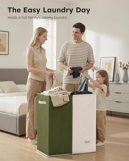 SOLEDI Large Double Laundry Hamper with Lid, Collapsible Clothes Hamper 2 section with Removable Bags, Space-Saving Laundry Basket for Bedroom, Dorm, College
