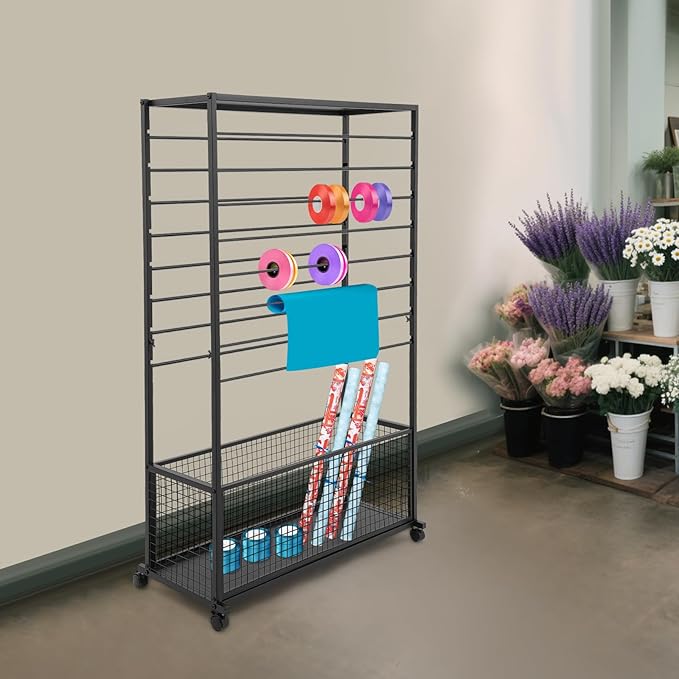 16-Tier Double-Sided Ribbon Holder Organizer Rack with Storage Basket & Wheels, Multifunctional Flower Wrapping Paper Display Stand for Craft Rooms, Flower Shops (Black, 39.37''W x 12.6''D x 59.06''H)
