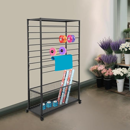 16-Tier Double-Sided Ribbon Holder Organizer Rack with Storage Basket & Wheels, Multifunctional Flower Wrapping Paper Display Stand for Craft Rooms, Flower Shops (Black, 39.37''W x 12.6''D x 59.06''H)