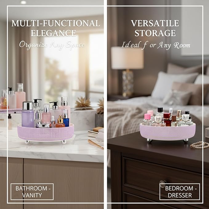 Rotating Bling Perfume Makeup Organizer, Rhinestone Cosmetic Display Cases with 2-Piece Set, 360° Spinning Bathroom Organizers for Countertop, Vanity Table | Purple