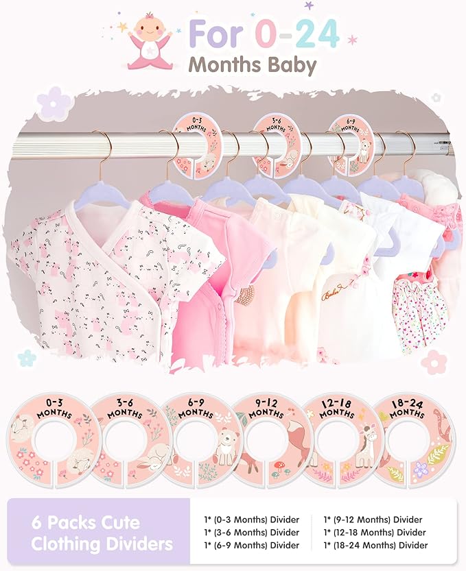 VIS'V Baby Hangers, 11 Inch Velvet Kids Hangers with 6 Pcs Clothes Size Dividers, Infant Toddler Nursery Closet Organization, Non Slip, Lavender, 30 Pcs