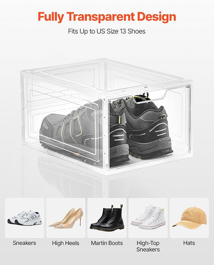 VEVOR Shoe Storage Boxes, 6 Pack Clear Stackable Shoe Boxes Storage Organizers with Magnetic Door, Fit up to US Size 13, Plastic Sneaker Containers for High Heels, Boots, and Hats, Transparent White