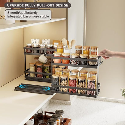 Magheo Pull Out Spice Rack Organizer for Cabinet, 1 Pack Metal Seasoning Organizer Slide Out Spice Storage Shelf No Assembly Vertical Spice Rack Pullout for Kitchen & Bahthroom No Drill(2 Tier,Black)