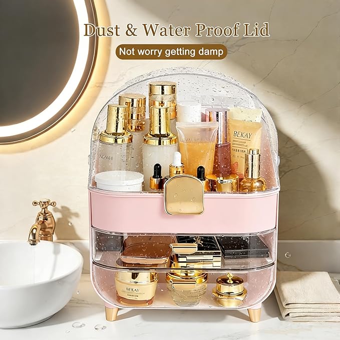 Makeup Organizer with 360 Rotating Brush Holder, Large Skincare Organizer for Vanity, Dustproof Cosmetic Display Case with 2 Drawers for Bathroom Countertop, 16" Tall Portable Beauty Storage,pink