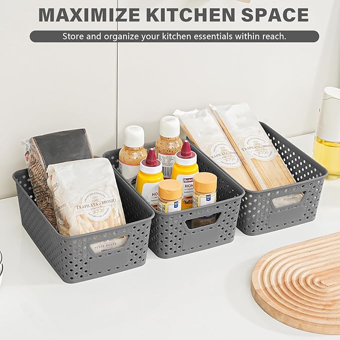 12 Pack Plastic Storage Baskets for Organizing, Storage Baskets for Shelves with Handles, Small Storage Bins with Labels, Organizer Baskets for Cabinet,Closet, Office,Gray