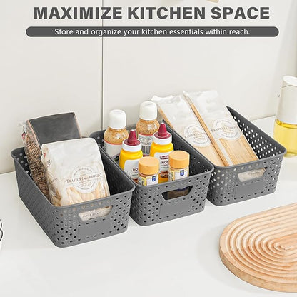 12 Pack Plastic Storage Baskets for Organizing, Storage Baskets for Shelves with Handles, Small Storage Bins with Labels, Organizer Baskets for Cabinet,Closet, Office,Gray