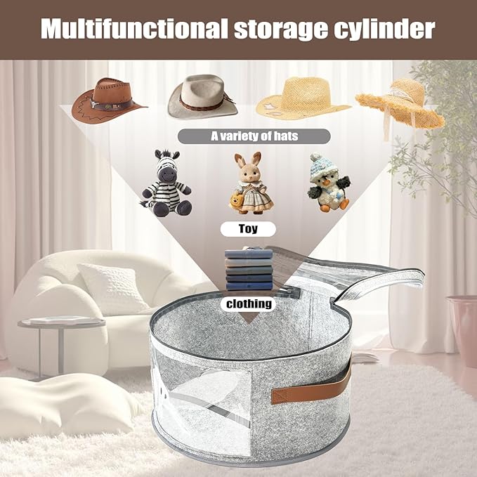 STARGAZ Hat Organizer Box, Stackable Hat Box for Women Storage, Large Felt Cowboy Hats Storage Boxes, for Straw Hats, Baseball Cap for Men With Clear Dust Proof Lid, for Closet (Light Gray)