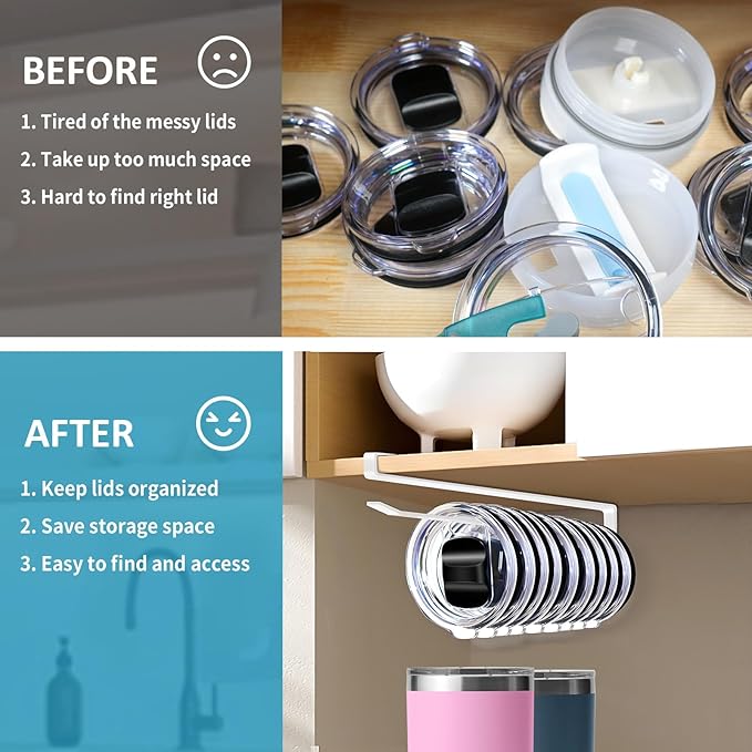 Shallow Tumbler Lid organizers for Cabinet, Space Saving Yeti Tumbler Lid Holder, Stanley Cup Lid organizers Under Cabinet, No Drill Cup Lid Hanger Must-Have 2025, 2 Pack Storage