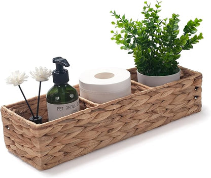 Water Hyacinth Toilet Tank Basket for Toilet Paper Rolls Wicker Baskets for Shelves Tampon Storage for Bathroom 3 Dividers (Large Compartment 16.5inch x 5.5inch x 3.5inch)