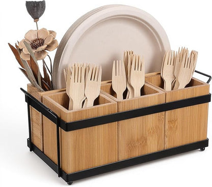 Silverware Caddy Utensil Holder for Party Countertop, Wood Cutlery Flatware Organizer Box Holder Paper Plate Dispenser with 4 Compartments Portable Handle for Spoons Forks Plates Napkins