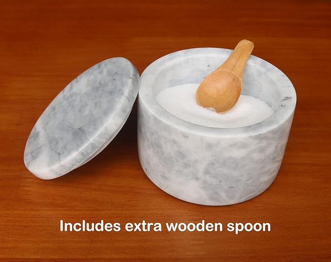 HillSpring Marble Salt Cellar with Lid and Wooden Spoon, 4" Handcrafted Spice Pepper Herbs Box