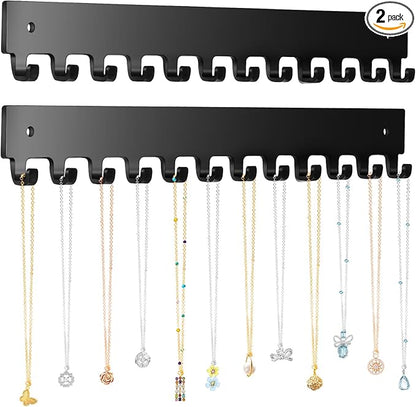 Acrylic Necklace Holder 2 Pack Wall Mounted Necklace Organizer Hanging Jewelry Organizer with 12 Hooks for Necklaces, Bracelets, Rings and Bangles Display Black