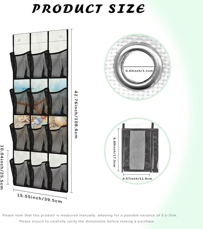 Versatile 12-Pocket Behind The Door Hanging Organizer, Made of Oxford Cloth, Waterproof Foldable and Perfect for Bathroom Bedroom Closet Storage, Beach Starfish Seashell Print