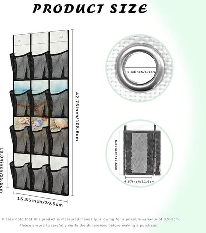 Versatile 12-Pocket Behind The Door Hanging Organizer, Made of Oxford Cloth, Waterproof Foldable and Perfect for Bathroom Bedroom Closet Storage, Beach Starfish Seashell Print