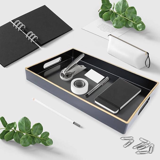 Spsyrine Black Bathroom Vanity Tray with Handles for Dresser Tops, Countertop, Perfume Decorative Tray, 11.8” * 7.87” *1.37”