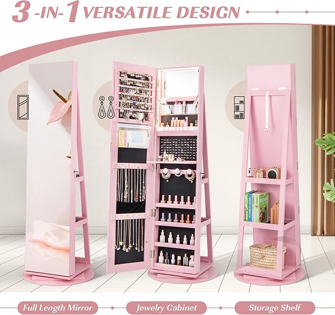Multigot 3-Color LED Lights Jewellery Cabinet, 3-in-1 360° Swivel Jewelry Armoire with Full-Length Mirror, Lockable Cosmetic Storage Organizer for Dressing Room Living Room Bedroom (Pink)