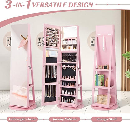 Multigot 3-Color LED Lights Jewellery Cabinet, 3-in-1 360° Swivel Jewelry Armoire with Full-Length Mirror, Lockable Cosmetic Storage Organizer for Dressing Room Living Room Bedroom (Pink)