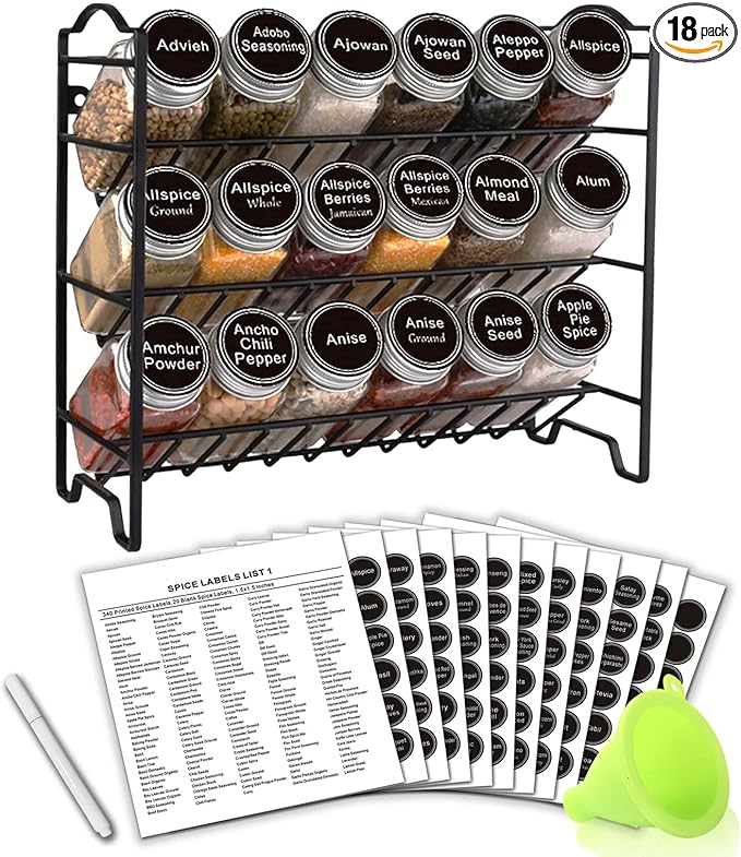 SWOMMOLY Spice Rack Organizer with 18 Empty Square Spice Jars, 396 Spice Labels with Chalk Marker and Funnel Complete Set, Spice Organizer for Countertop, Cabinet or Wall Mount, Black