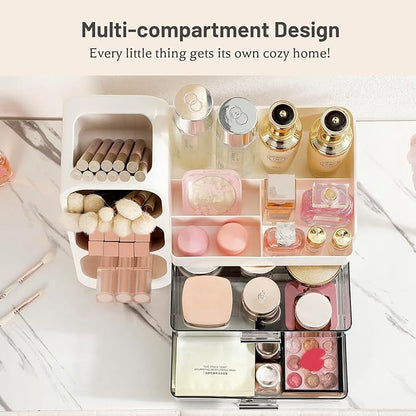 Aveniee Makeup Organizer with Drawers for Vanity, Big Cosmetic Display Case with Makeup Brush Holder, Bathroom Coutertop Organizers and Storage for Skincare Beauty Essentials (White)
